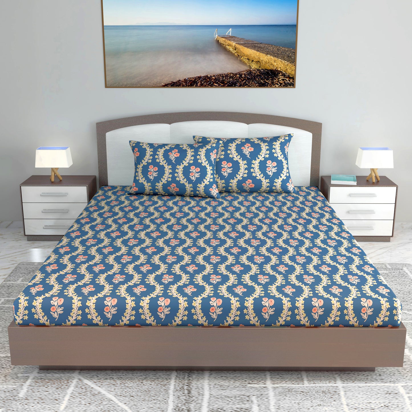 Floral Blue 100% Cotton Lightweight King Size Bedsheet