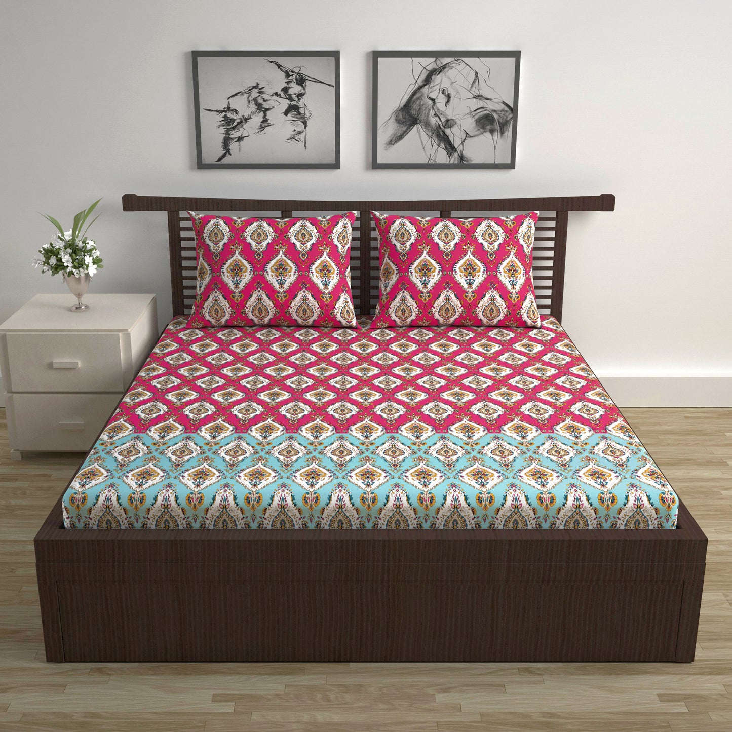 Red 100% Cotton Jaipuri Print Bedsheets for Double Bed