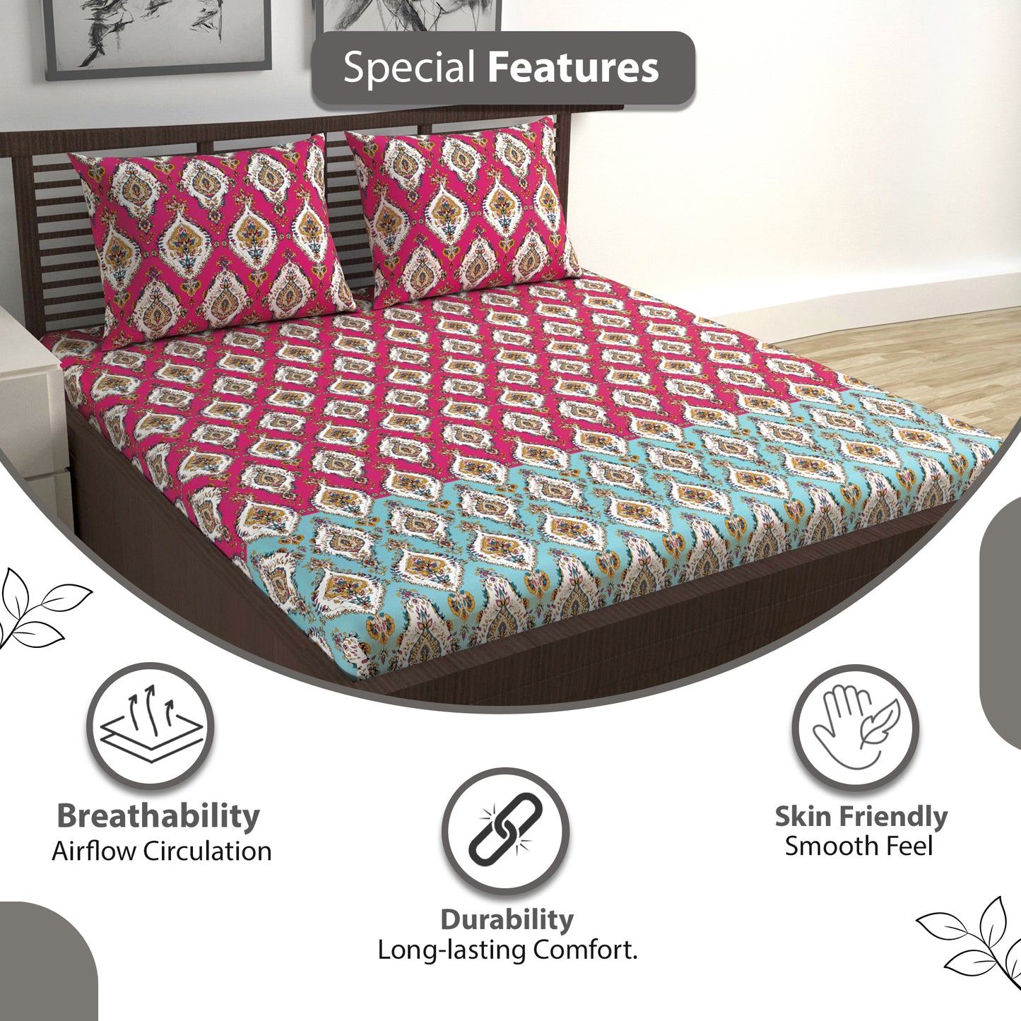 Red 100% Cotton Jaipuri Print Bedsheets for Double Bed