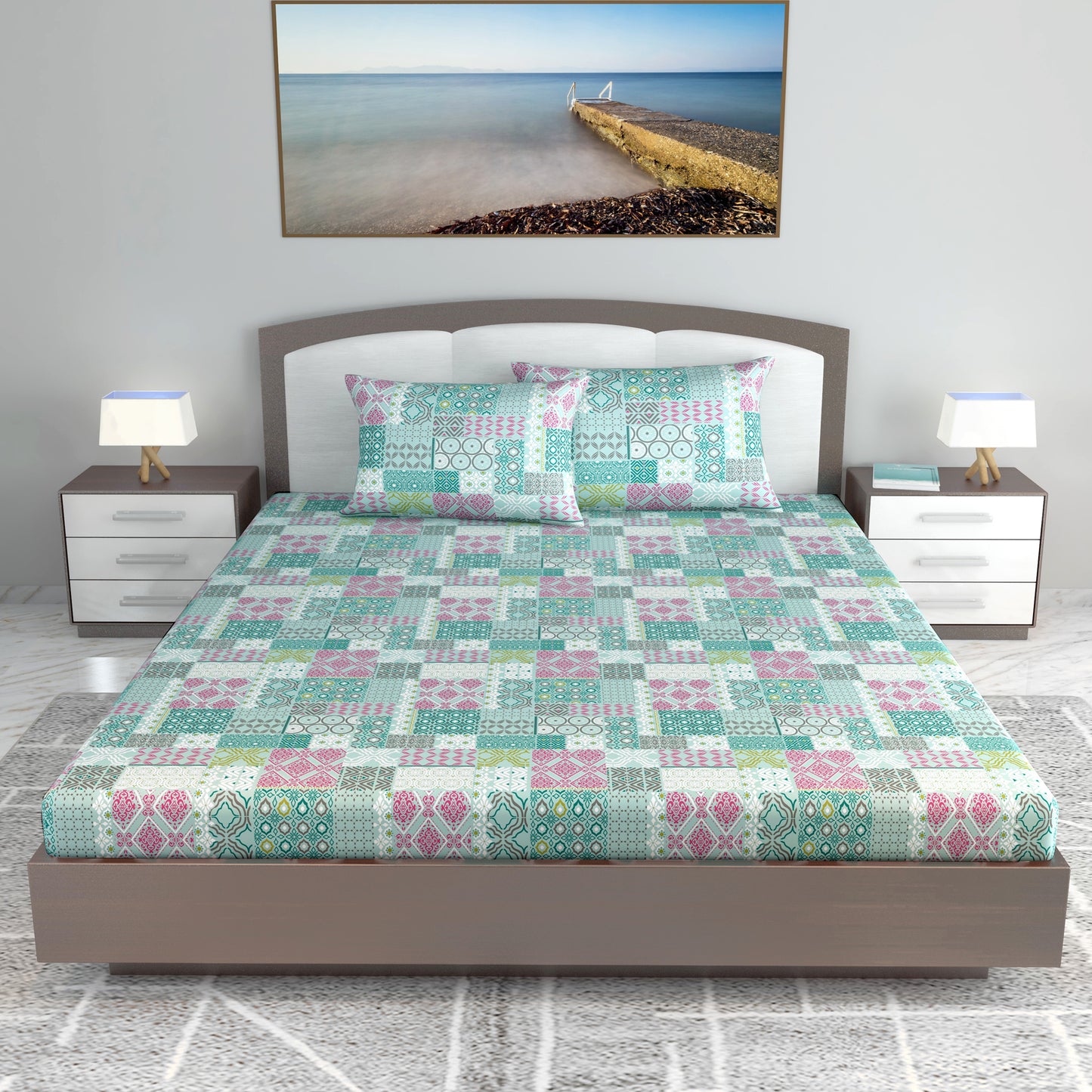 Teal Jaipuri Print 100% Cotton Bedsheets for King Size