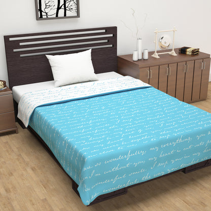 Sky Blue and White  120 GSM Microfiber Typography Pattern Single Bed AC Blanket Dohar for All Season