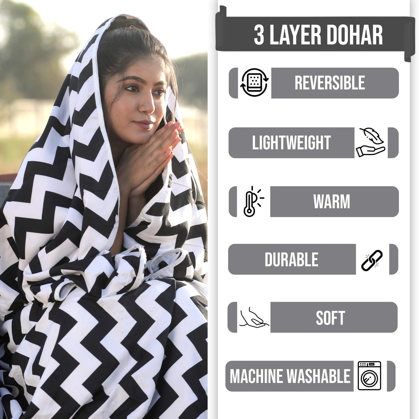 Black Modern Zig Zag Microfiber Double Bed AC Dohar