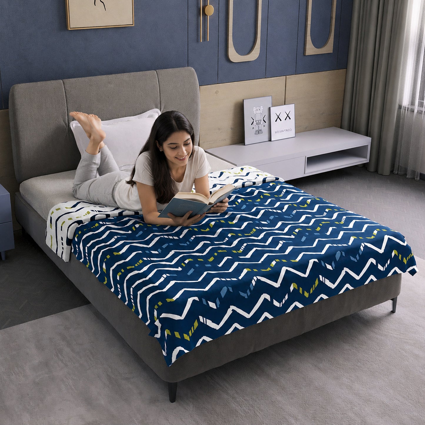 Dark Blue Abstract Print Soft Touch Microfiber Single Bed Dohar