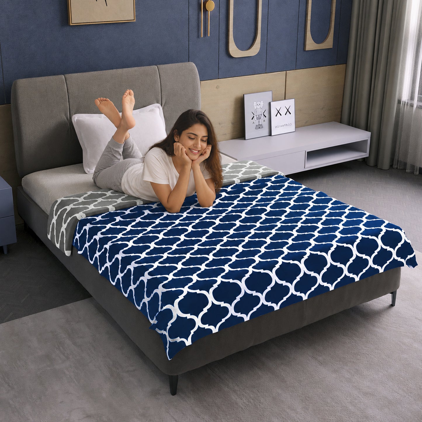 Dark Blue Abstract Print Super Soft Brushed Microfiber Single Bed AC Dohar