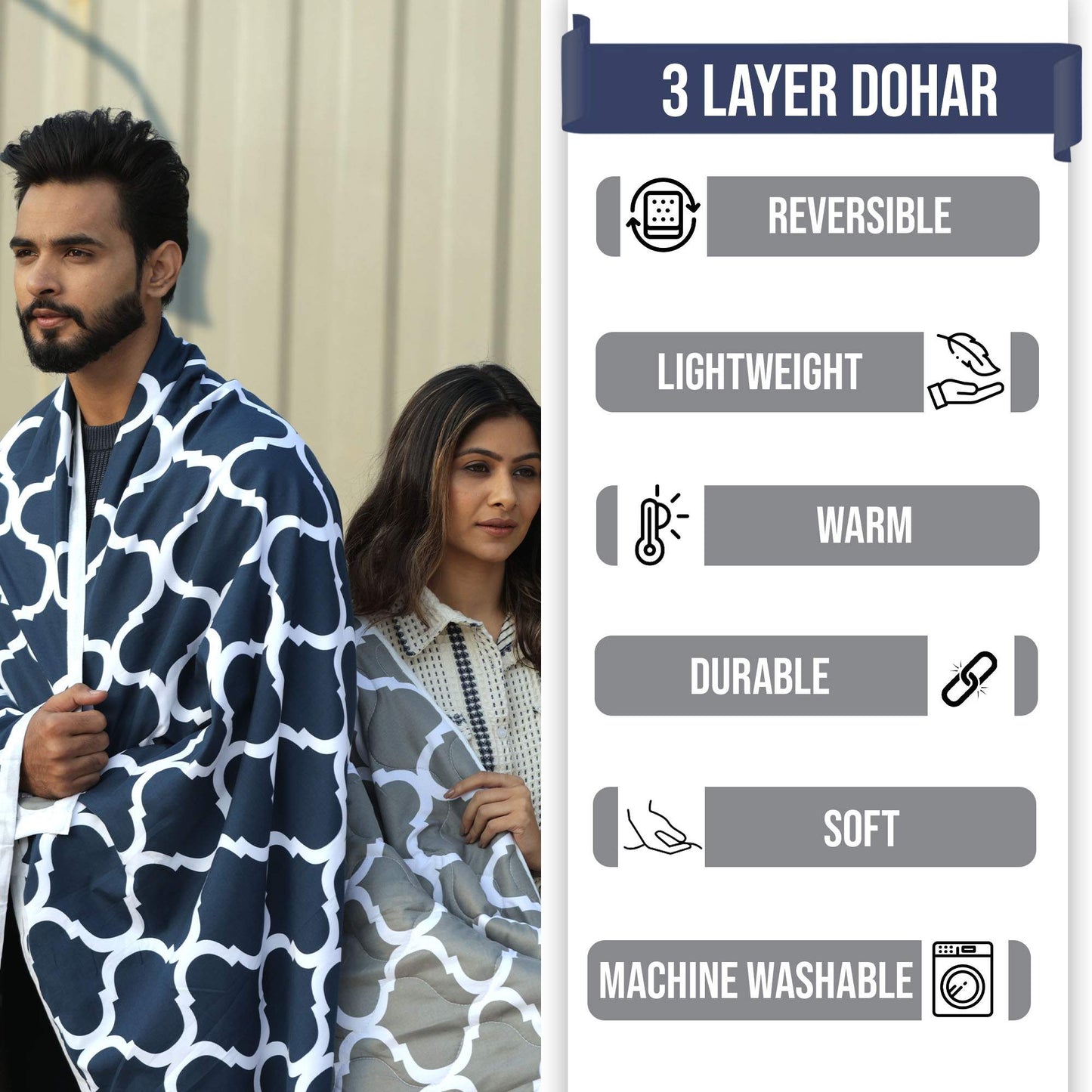 Grey and Blue Abstract Print Microfiber Dohar Combo for Single Bed