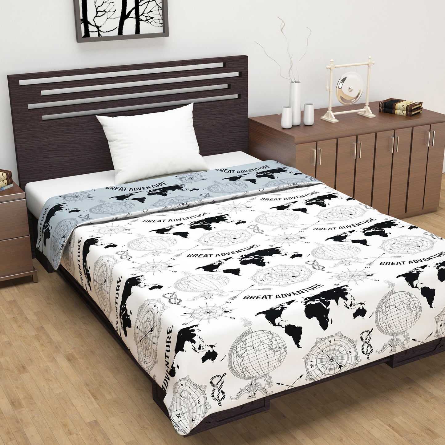Grey Geography Print Eco Friendly Reversible All Season Dohar For Single Bed