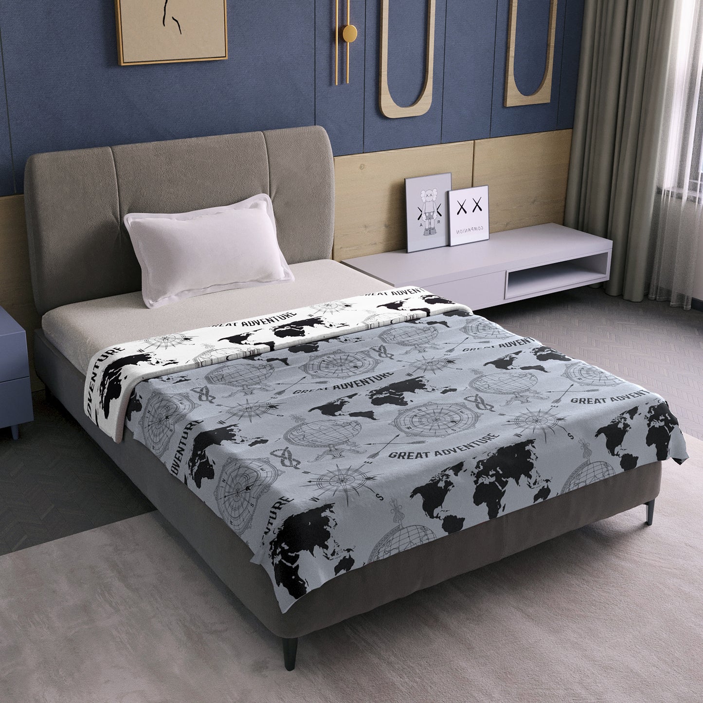 Grey Geography Print Eco Friendly Reversible All Season Dohar For Single Bed