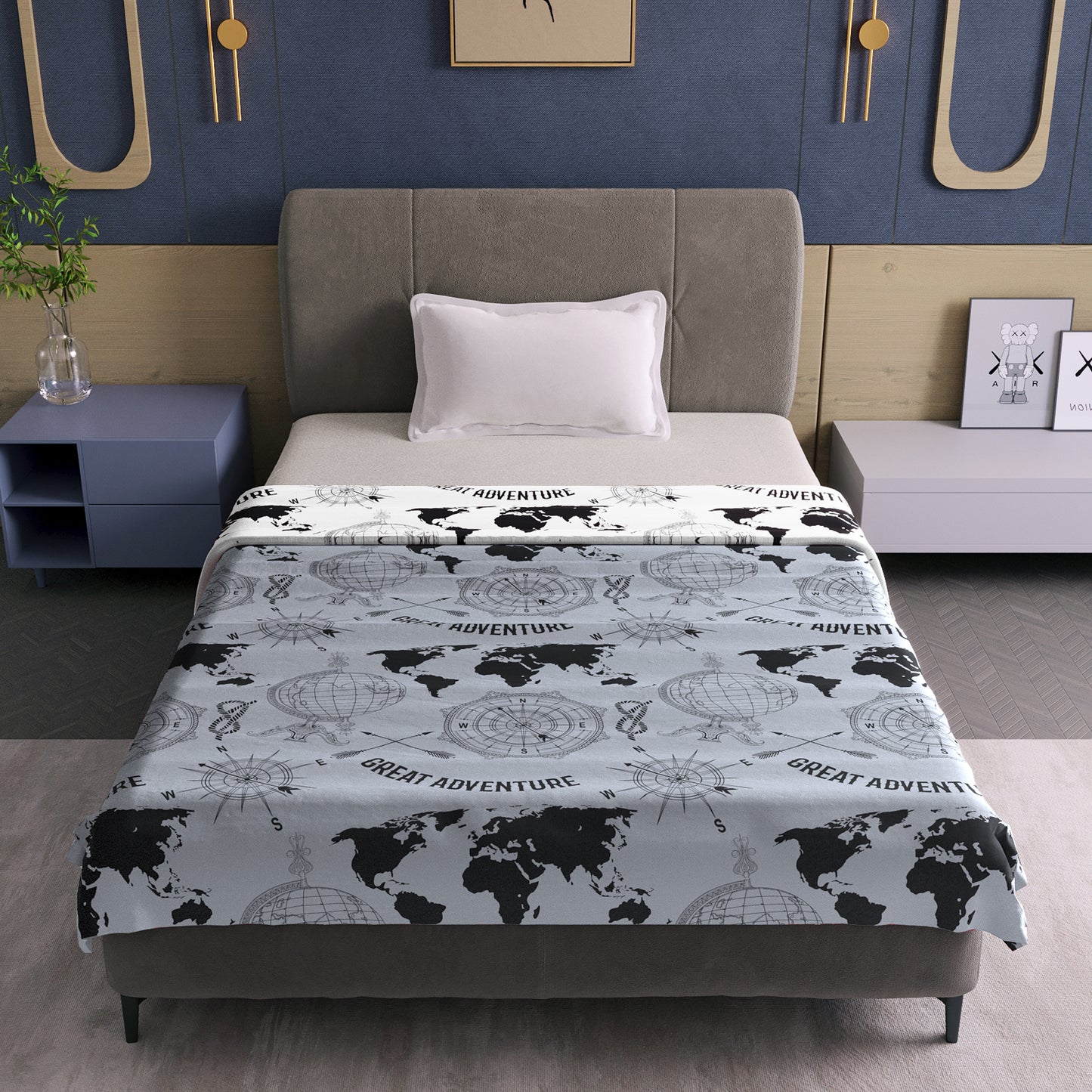 Grey Geography Print Eco Friendly Reversible All Season Dohar For Single Bed
