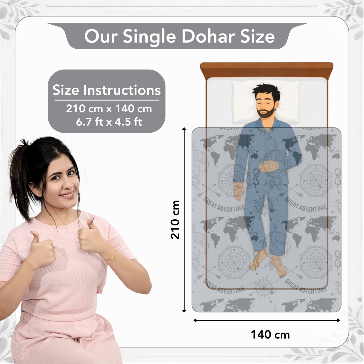 Grey Geography Print Eco Friendly Reversible All Season Dohar For Single Bed