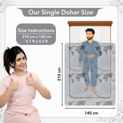Grey Geography Print Eco Friendly Reversible All Season Dohar For Single Bed