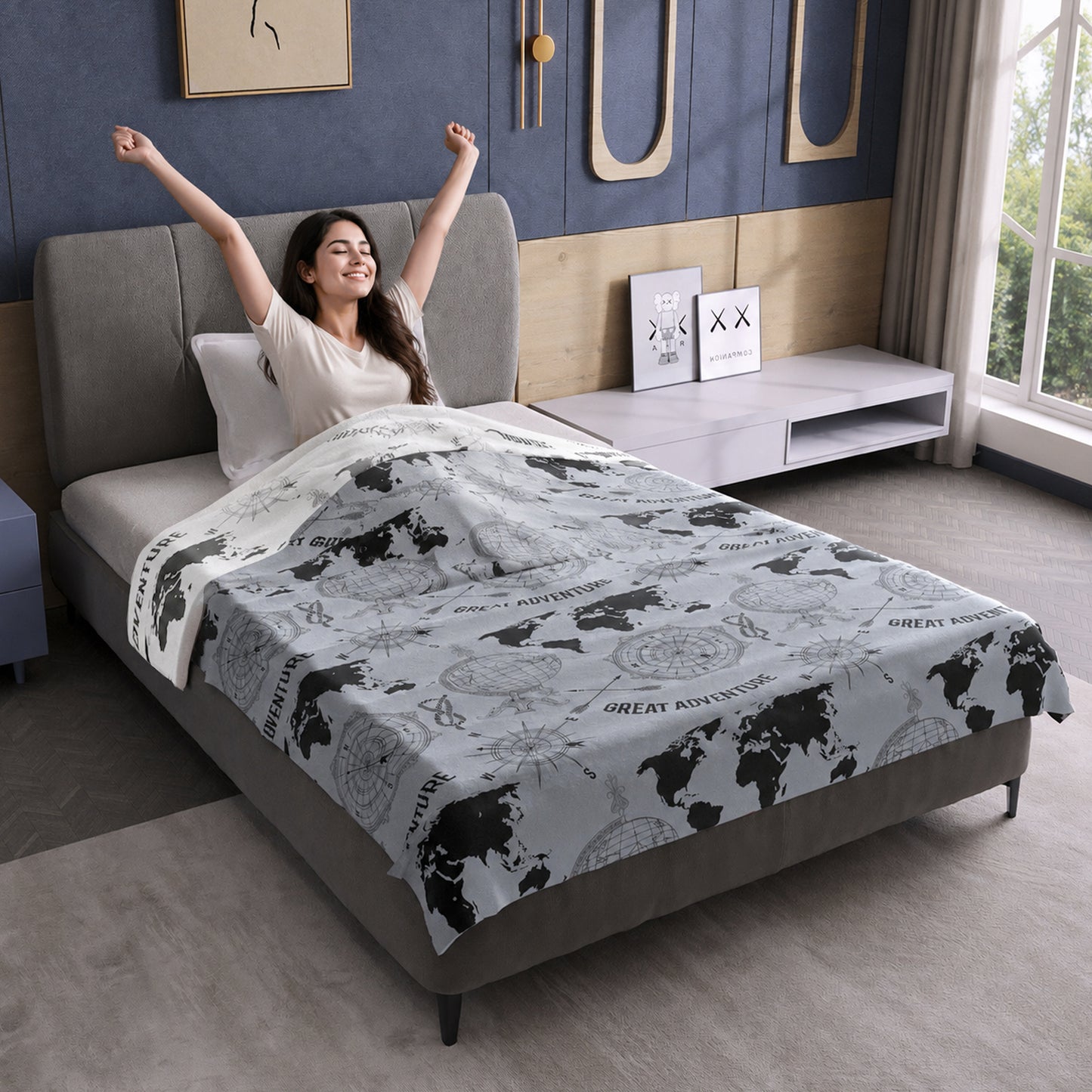 Grey Geography Print Eco Friendly Reversible All Season Dohar For Single Bed