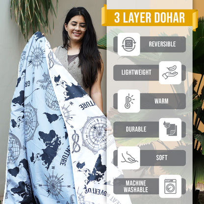 Grey Geography Print Eco Friendly Reversible All Season Dohar For Single Bed