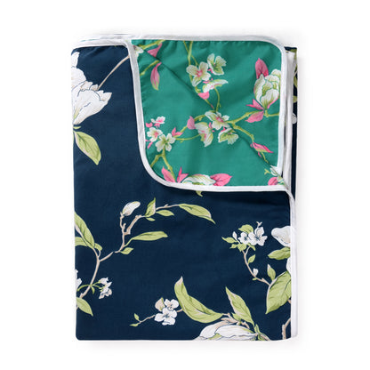 Green and Navy Blue 120 GSM Microfiber Floral Pattern Single Bed AC Blanket Dohar for All Season