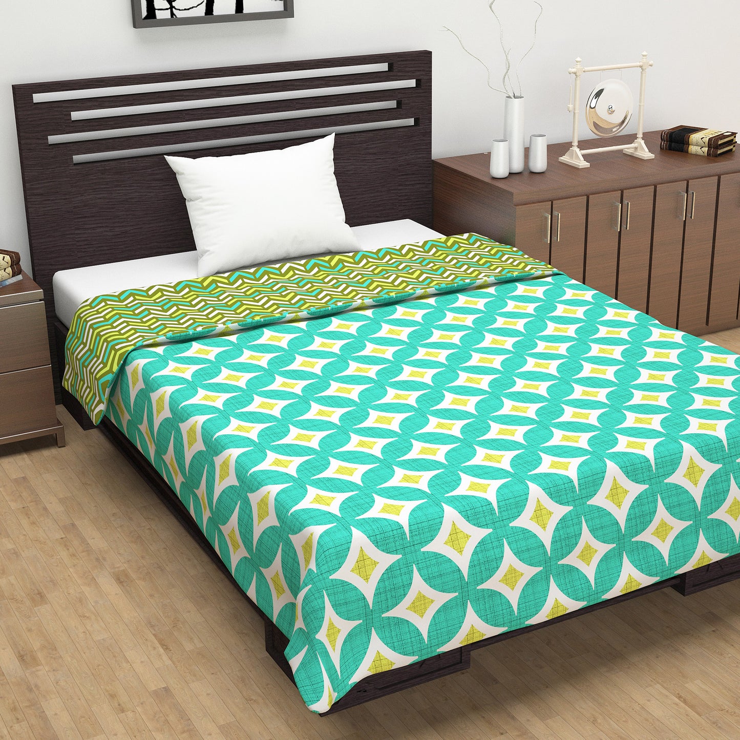 Green and Yellow 120 GSM Microfiber Abstract Pattern Single Bed AC Blanket Dohar for All Season