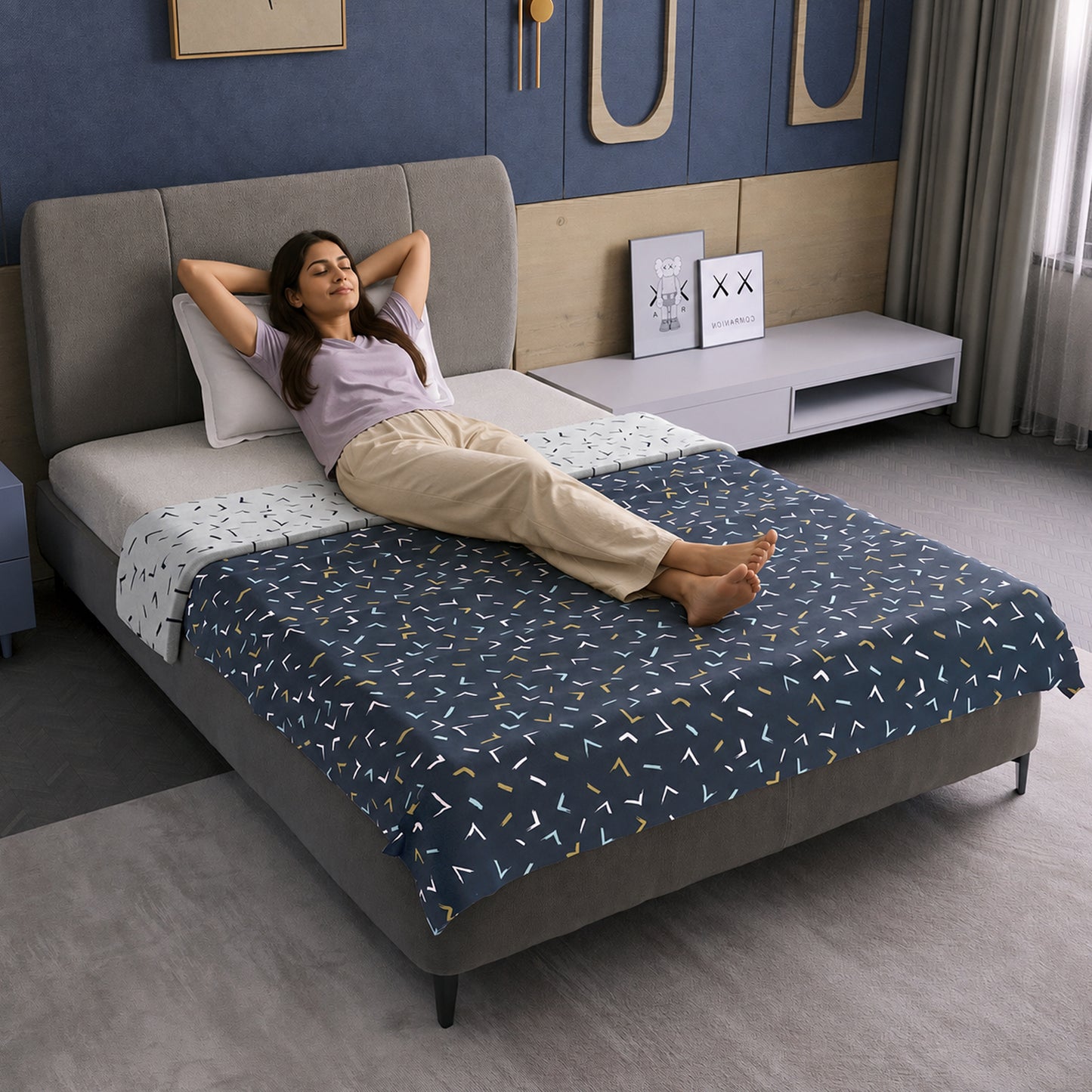Abstract Print Dark Blue Elegant Look and Feel Microfiber Dohar For Single Bed