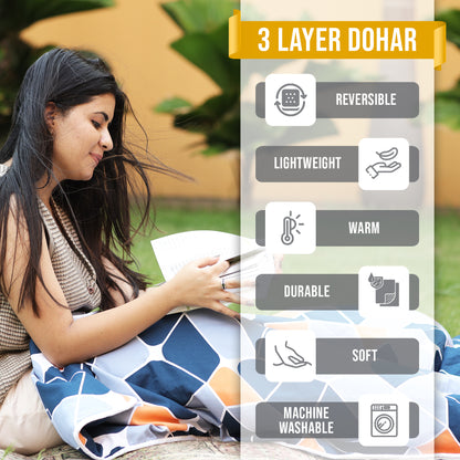 Grey and Blue Abstract Print Microfiber Dohar Combo for Single Bed