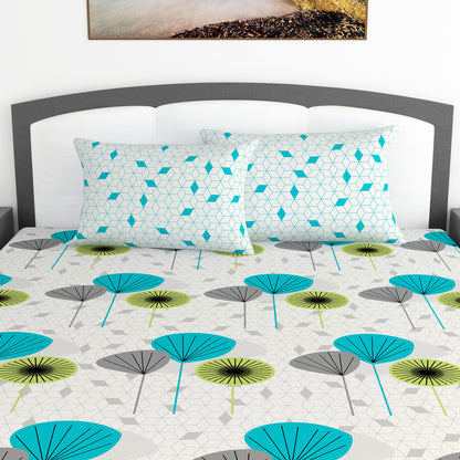 Green & Blue Geometric 144 TC Cotton King Bedsheet With 2 Pillowcovers