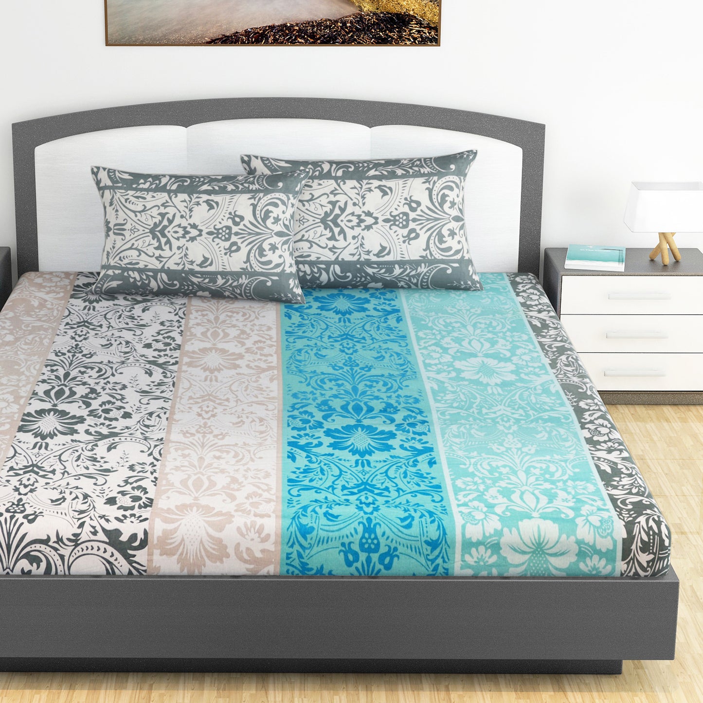 Grey & Blue Floral 144 TC Cotton King Bedsheet With 2 Pillowcovers