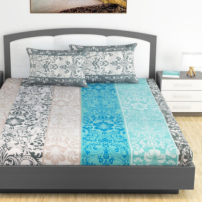 Grey & Blue Floral 144 TC Cotton King Bedsheet With 2 Pillowcovers