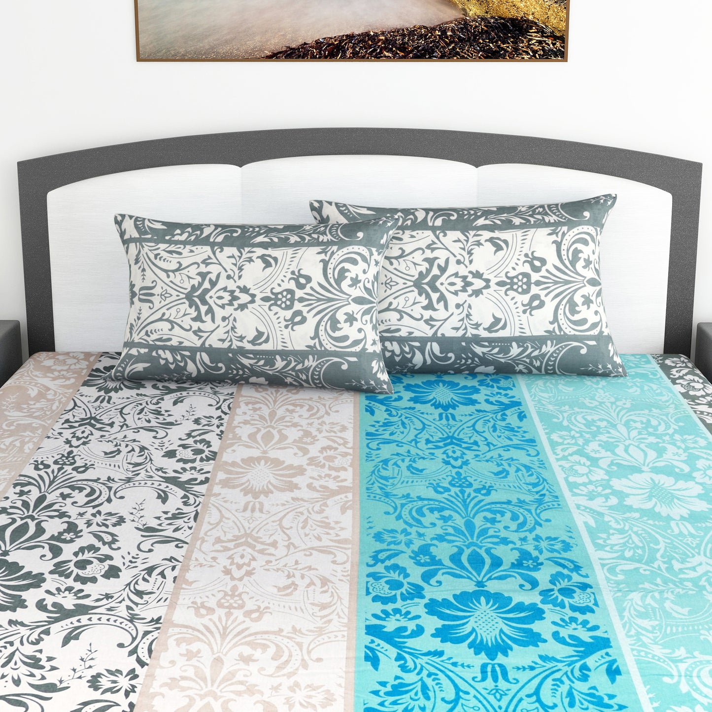 Grey & Blue Floral 144 TC Cotton King Bedsheet With 2 Pillowcovers