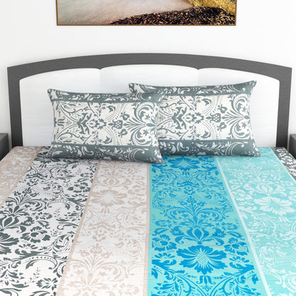 Grey & Blue Floral 144 TC Cotton King Bedsheet With 2 Pillowcovers