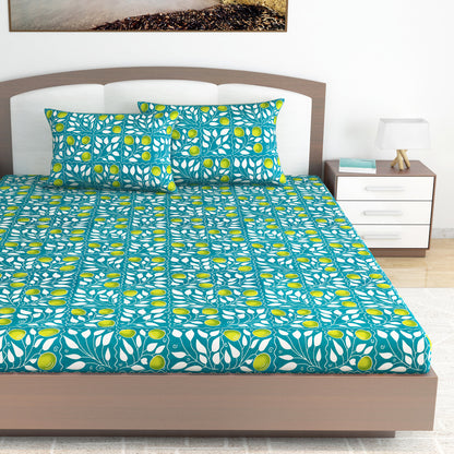 Green and Light Blue Floral Print Set of 2 Combo Bedsheet for King Size Bed