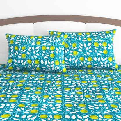 Green and Light Blue Floral Print Set of 2 Combo Bedsheet for King Size Bed