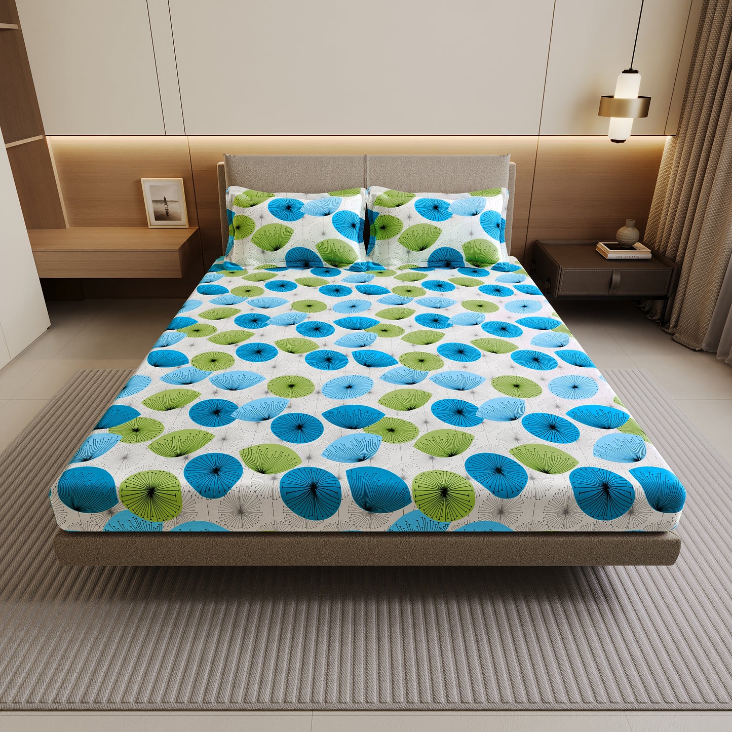 Dandelions Print Blue Cotton Bedsheet For Double Bed
