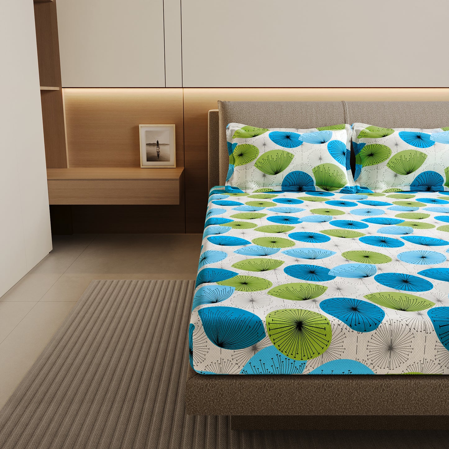 Dandelions Print Blue Cotton Bedsheet For Double Bed