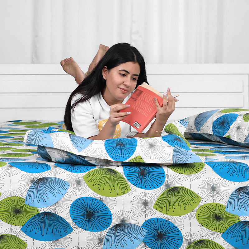 Dandelions Print Blue Cotton Bedsheet For Double Bed