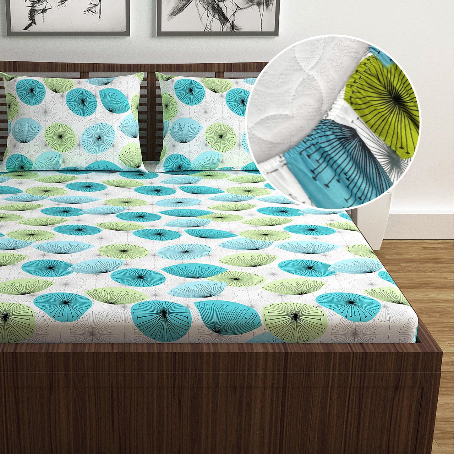 Aqua Green Floral Print Elastic Fitted Combo Bedsheet For Double Bed
