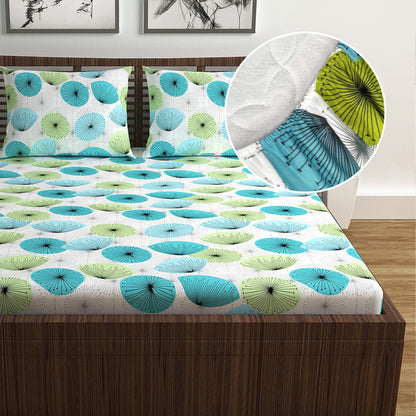 Aqua Green Floral Print Elastic Fitted Combo Bedsheet For Double Bed