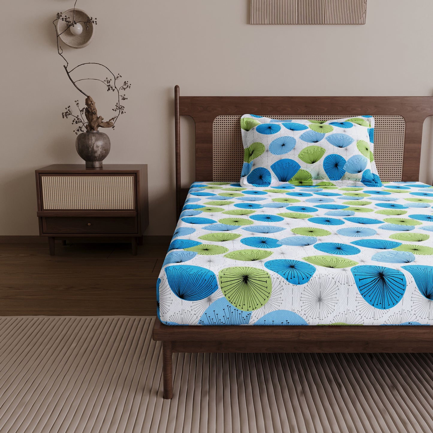 Dandelions Floral Print Blue Single Cotton Bedsheet