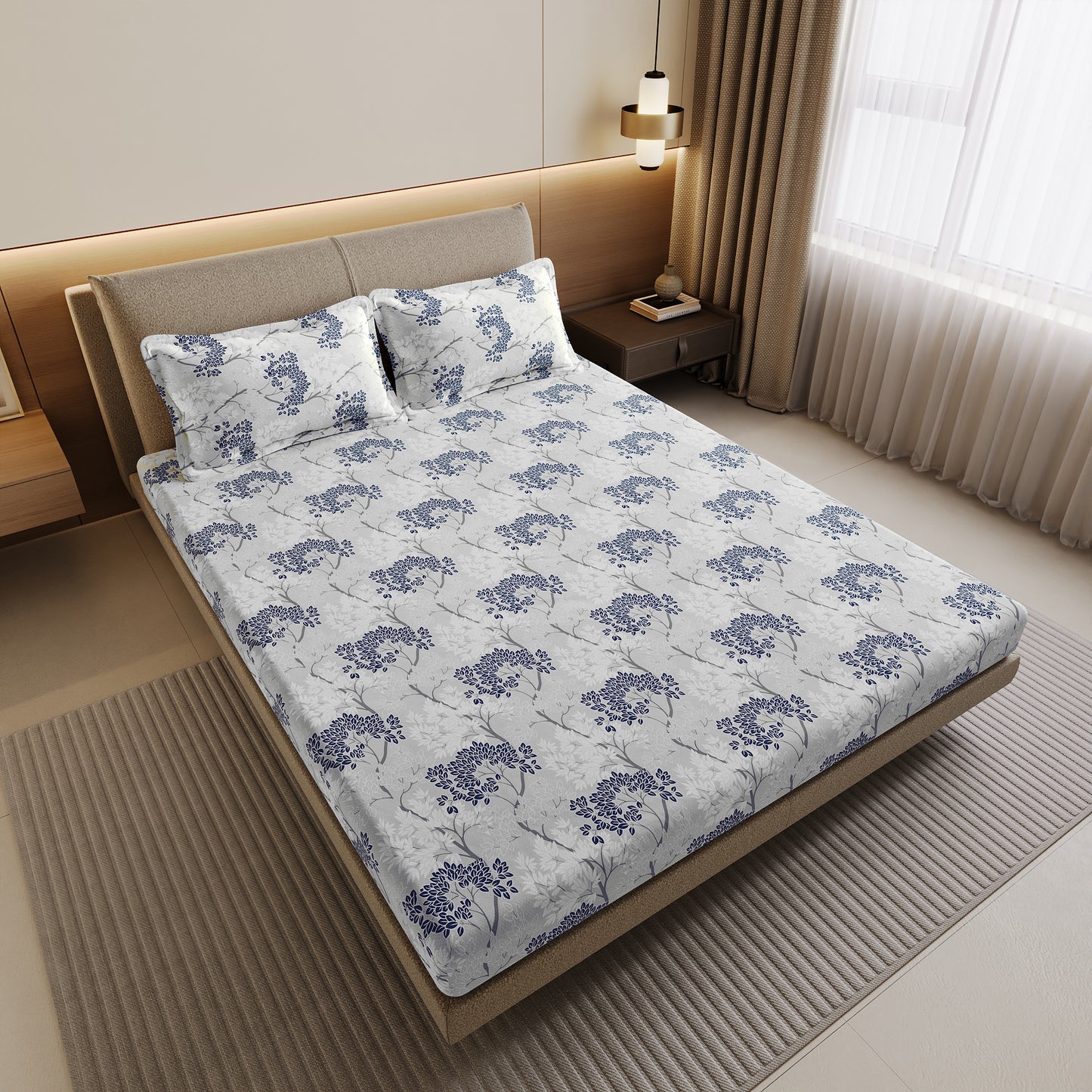 Grey Blue Autumn Tree Leaf Bedsheet For Double Bed
