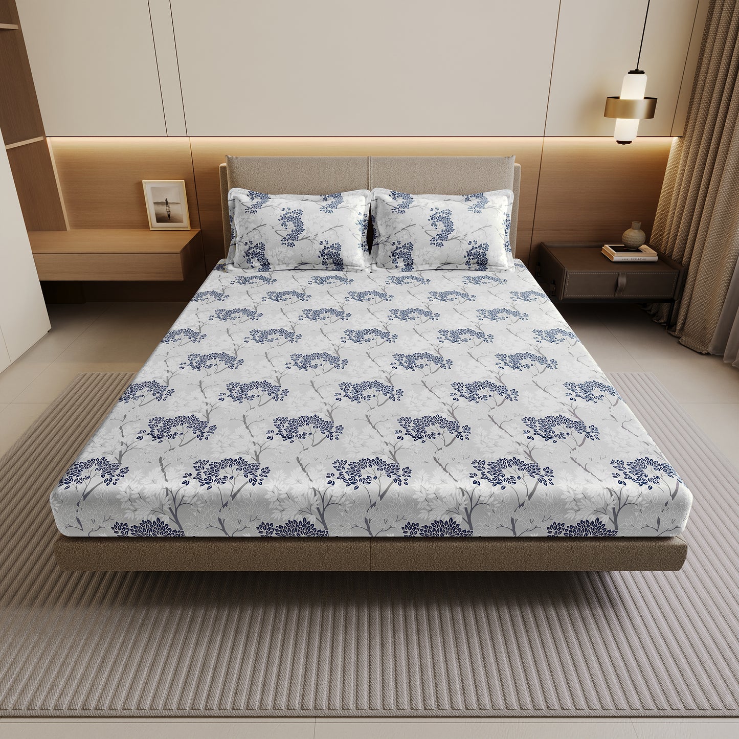 Grey Blue Autumn Tree Leaf Bedsheet For Double Bed