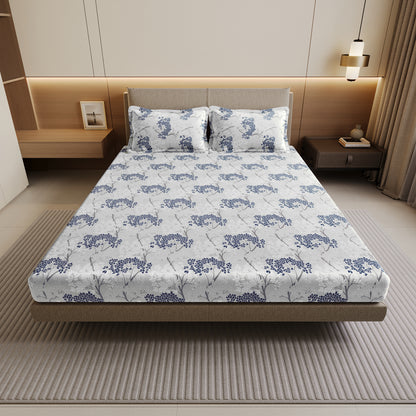 Grey Blue Autumn Tree Leaf Bedsheet For Double Bed