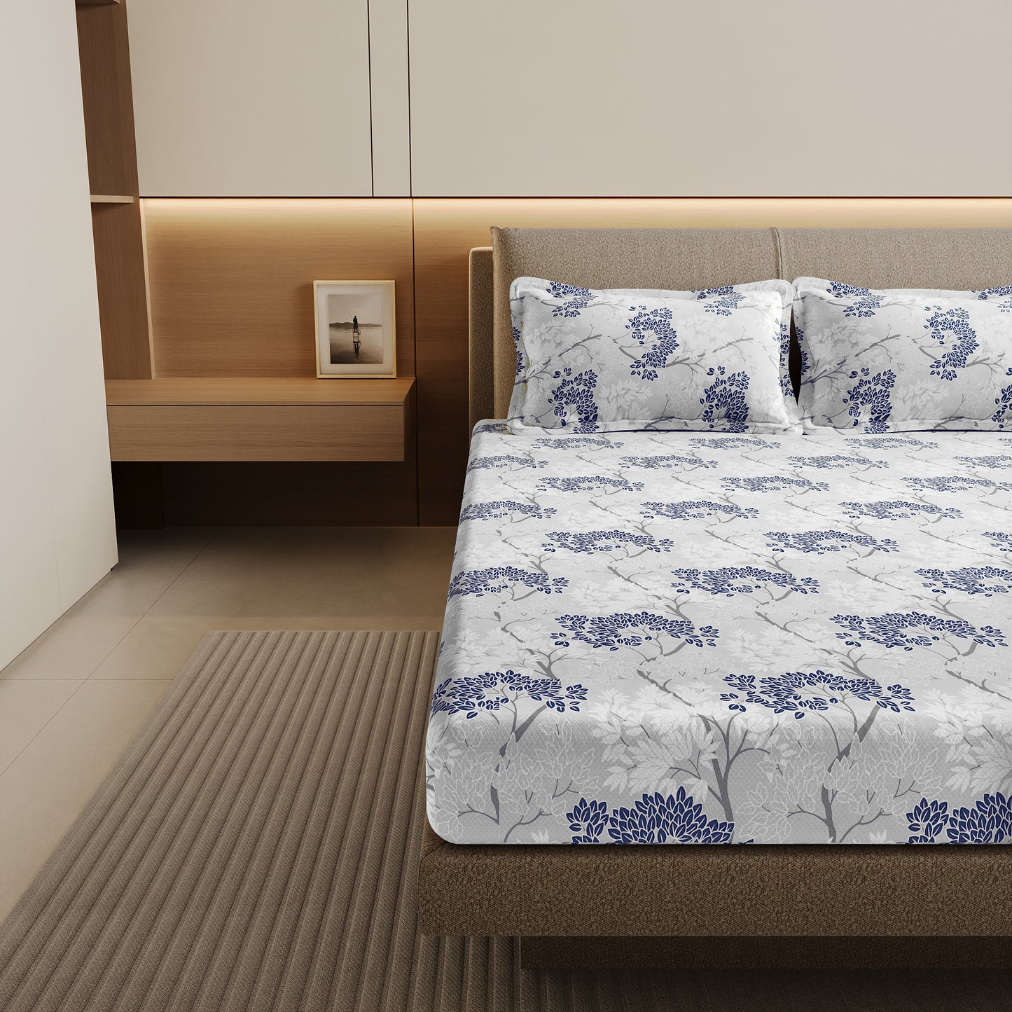Grey Blue Autumn Tree Leaf Bedsheet For Double Bed