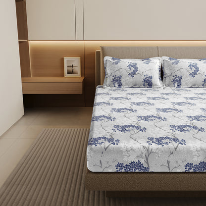 Grey Blue Autumn Tree Leaf Bedsheet For Double Bed