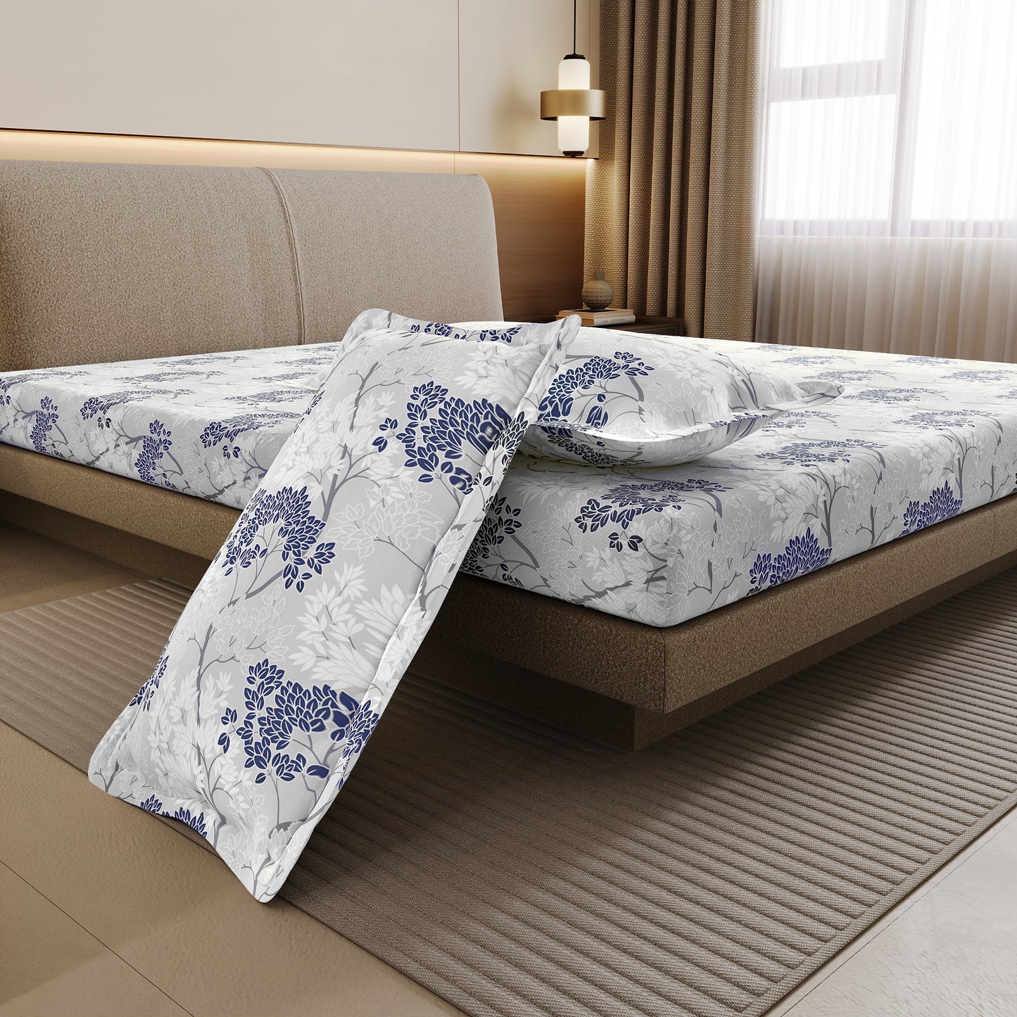 Grey Blue Autumn Tree Leaf Bedsheet For Double Bed