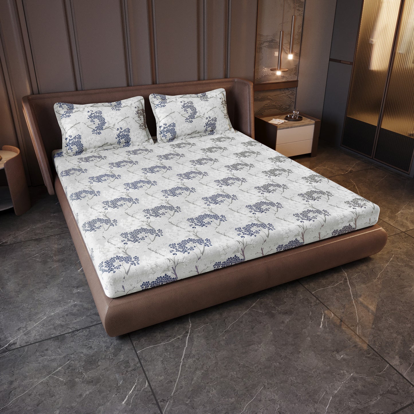 Grey Blue Autumn Tree Leaf Bedsheet For King Size Bed