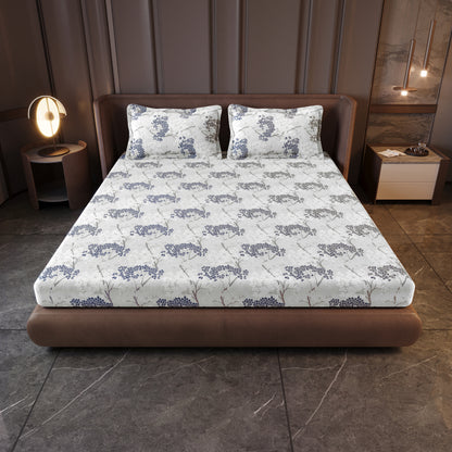 Grey Blue Autumn Tree Leaf Bedsheet For King Size Bed