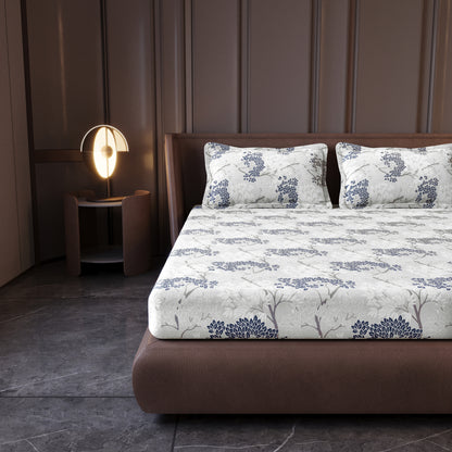 Grey Blue Autumn Tree Leaf Bedsheet For King Size Bed