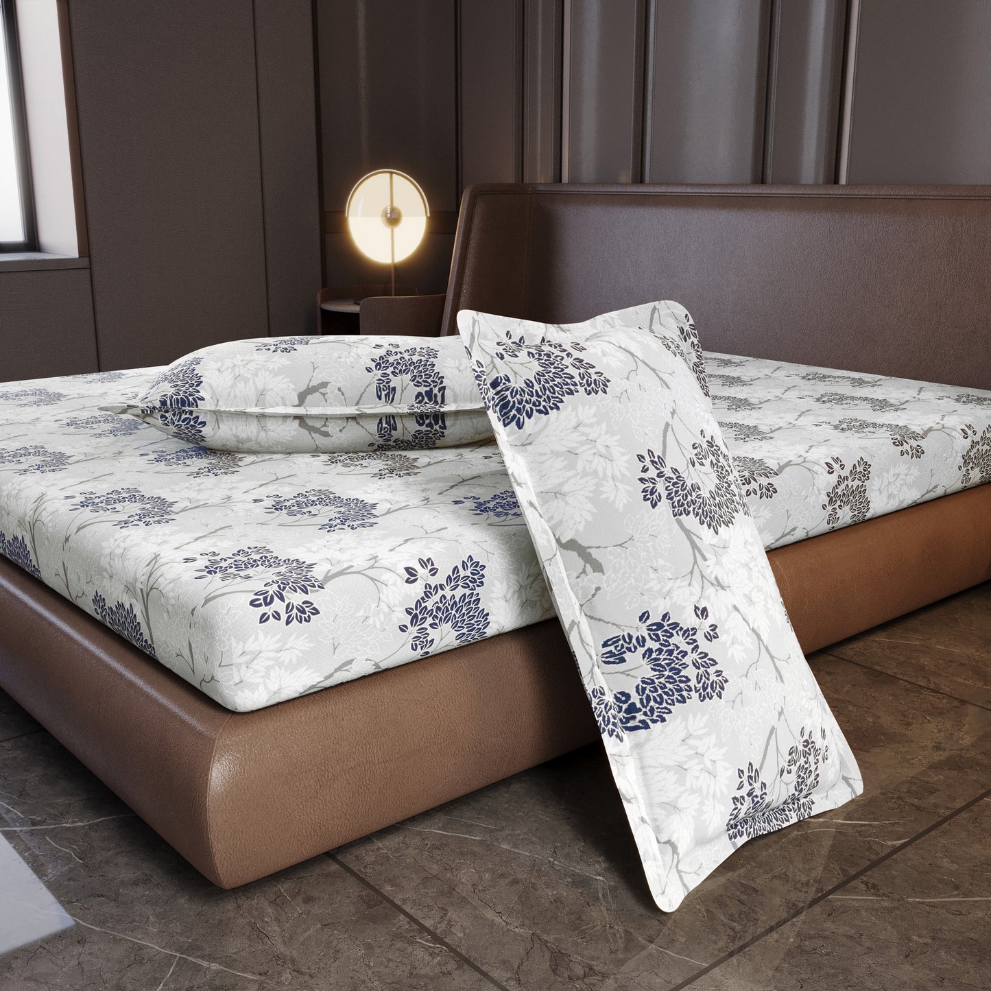 Grey Blue Autumn Tree Leaf Bedsheet For King Size Bed