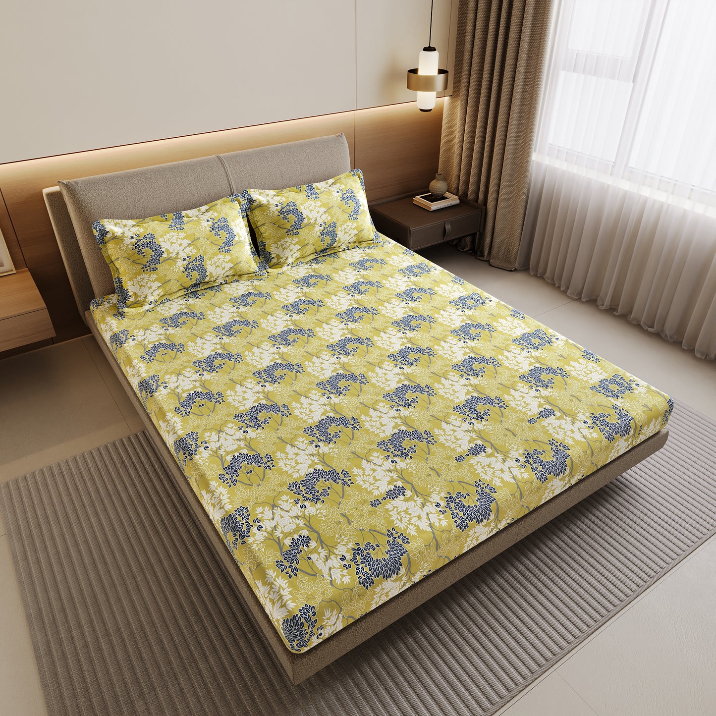 Green Autumn Tree Leaf Bedsheet For Double Bed
