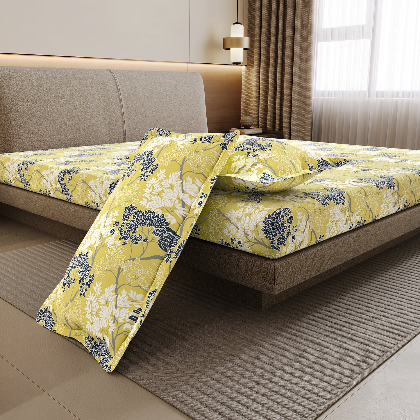 Green Autumn Tree Leaf Bedsheet For Double Bed