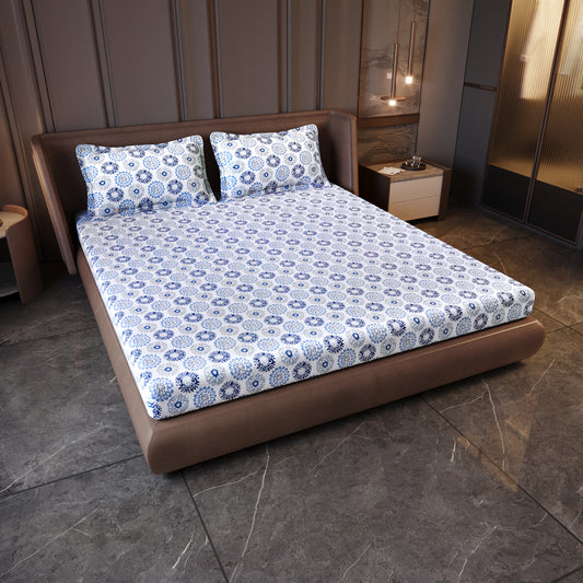 Dahlia Print Blue Bedsheet For King Size Bed