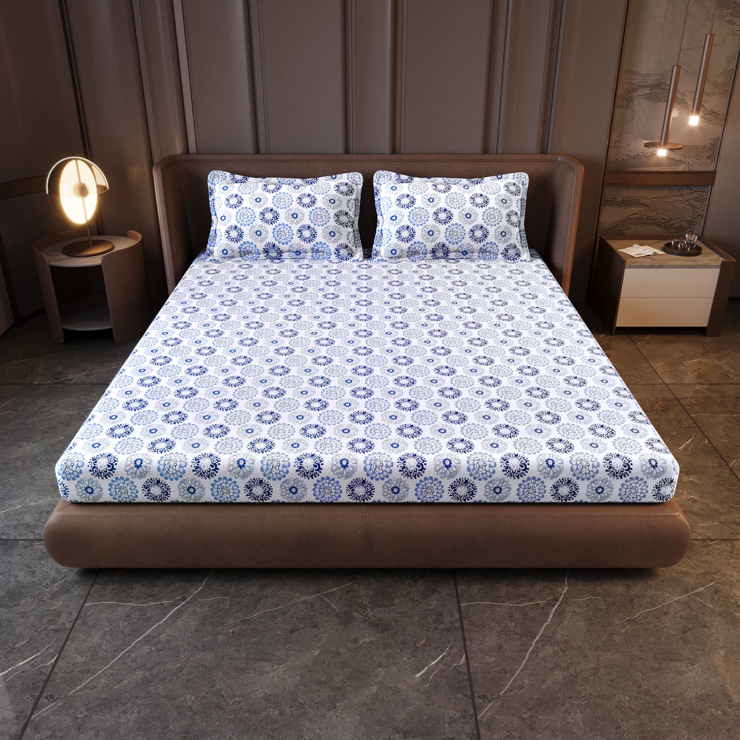 Dahlia Print Blue Bedsheet For King Size Bed
