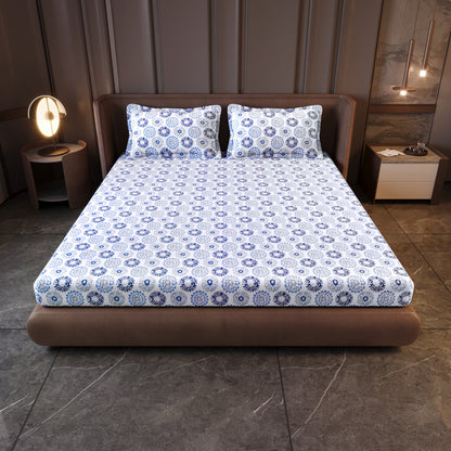 Dahlia Print Blue Bedsheet For King Size Bed