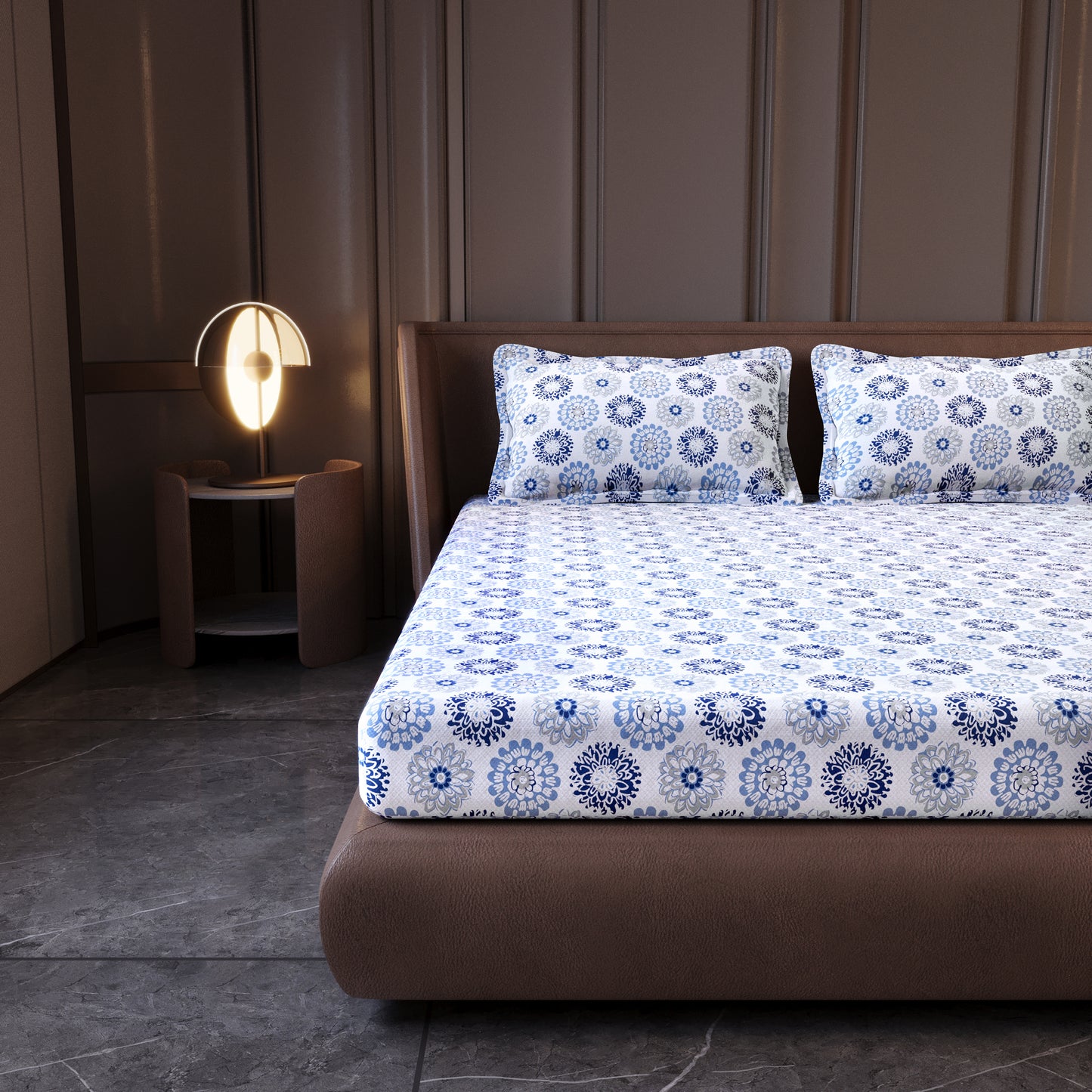 Dahlia Print Blue Bedsheet For King Size Bed