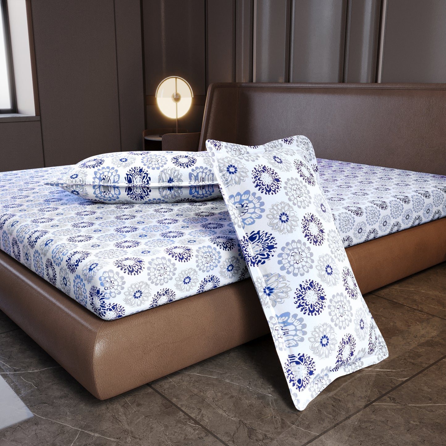 Dahlia Print Blue Bedsheet For King Size Bed